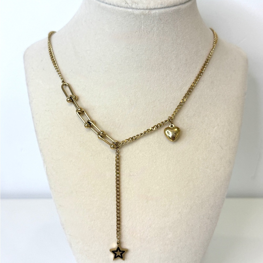 Gold Heart & Star Lariat Necklace - Women Jewelry